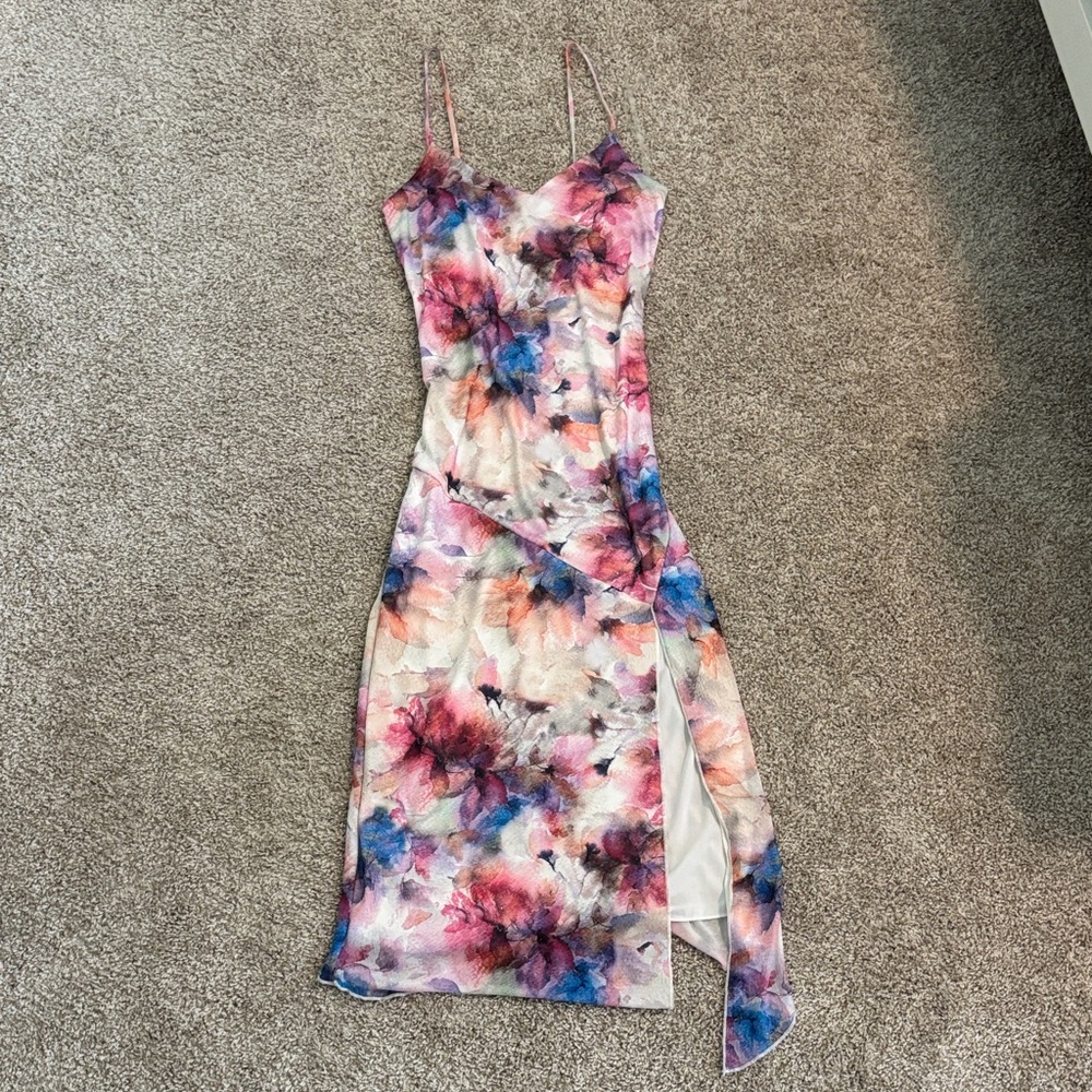 Caution To The Wind Asymmetrical Floral Dress - Pink and Blue